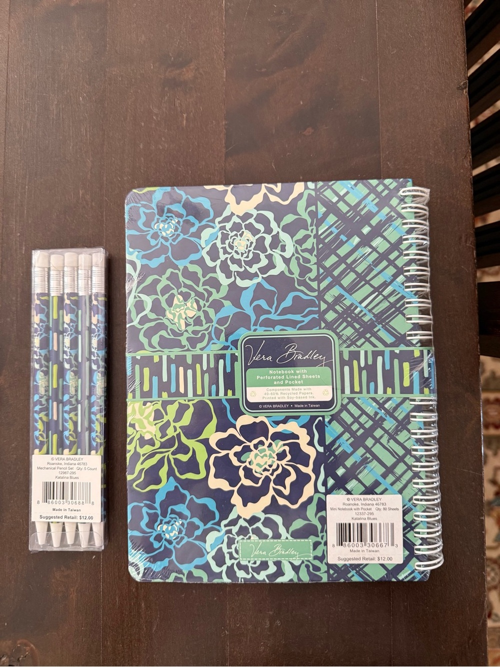 NEW Vera Bradley Navy & Teal Floral Spiral Notebook with Pencil Set - Picture 2 of 2